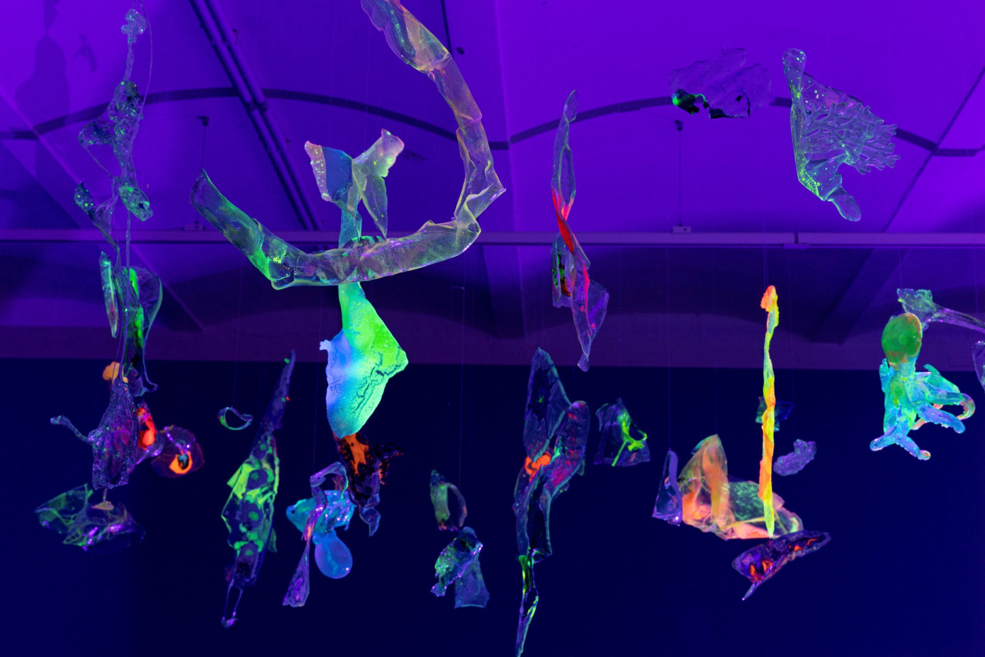 Irisierende Glas-Meereswesen, die an unsichtbaren Fäden von der Decke hängen