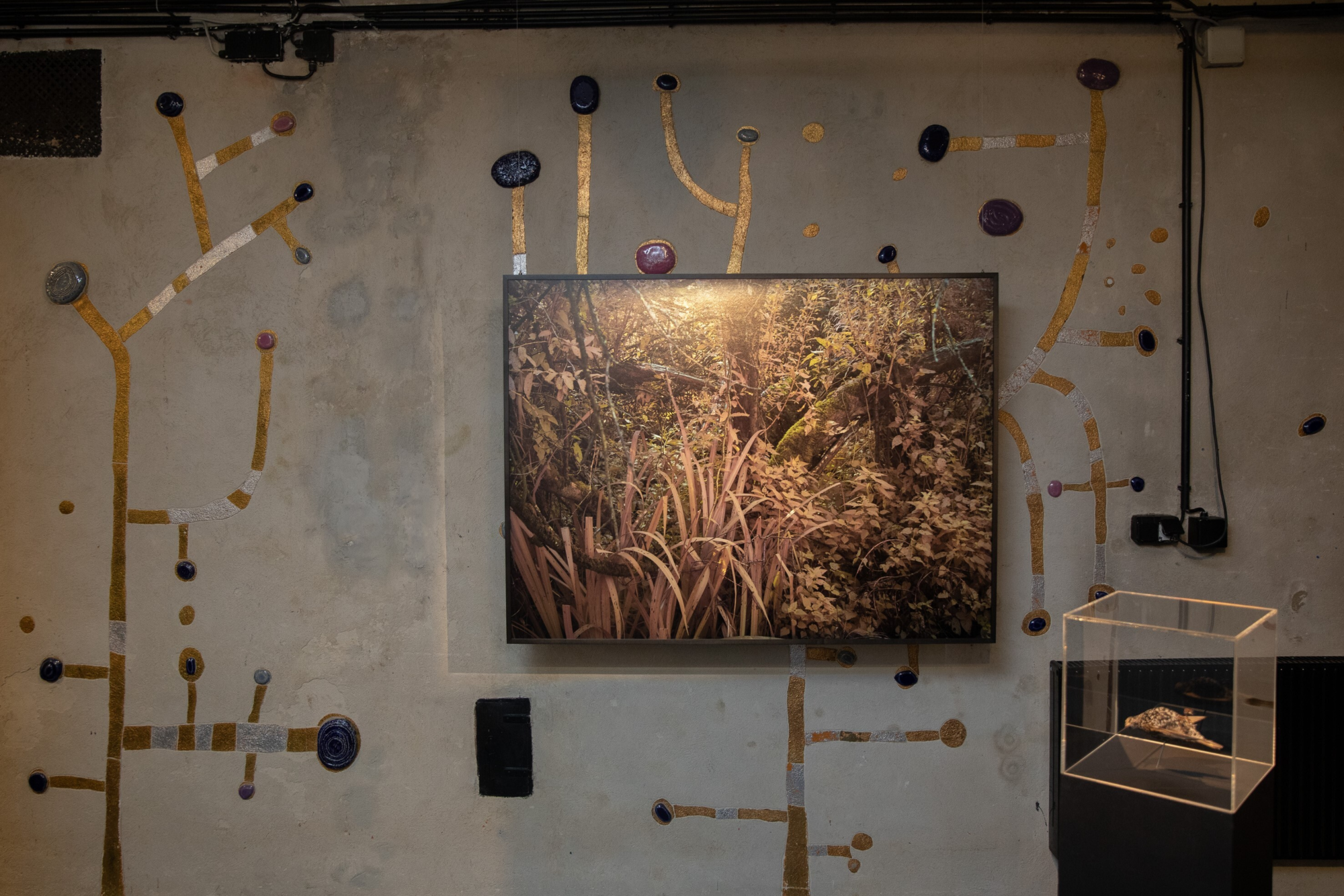 Abbildung eines Bildschirms mit Naturmotiv an einer Wand im Hundertwasser-Design