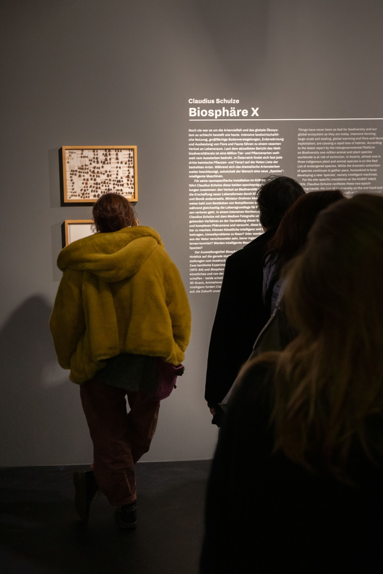 Besucher*innen betrachten die Kunstwerke und lesen die Beschreibung